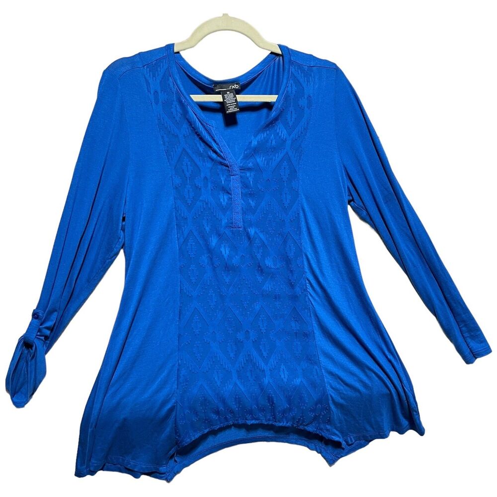 RXB Women's Tunic blouse top Pullover  henley tab sleeve aztec blue stretch sz M